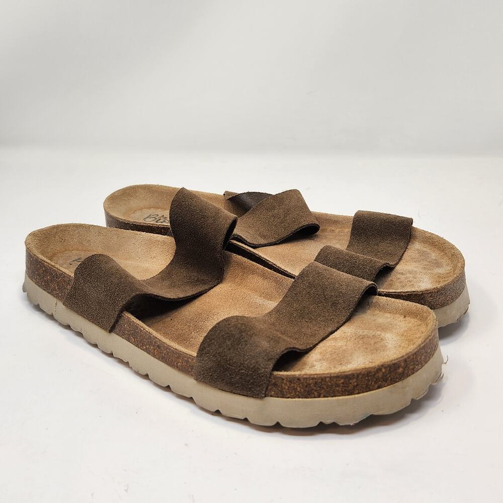 BioStep Brown Suede Double Strap Sandals Flatform Women Size 9.5 Cork Comfort